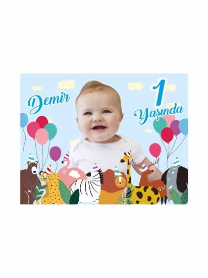 1 Yaş Erkek Bebek Doğum Günü Magnet Neşeli Hayvanlar Tema Modelleri ve Fiyatları | ZajaBaskı