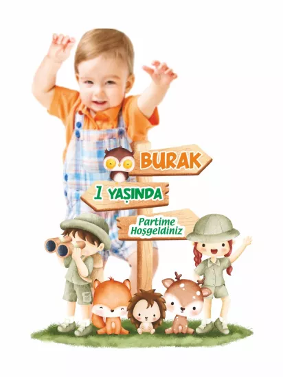 1 Yaş Erkek Bebek Safari Tema Doğum Günü Ayaklı Karşılama Panosu Modelleri ve Fiyatları | Zajabaskı