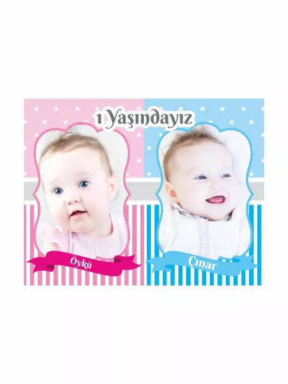 1 Yaş İkiz Bebek Magneti Pembe Mavi | Fotoğraflı Doğum Günü Magneti – Zajabaskı