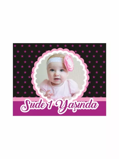 1 Yaş Kız Bebek Parti Magneti Siyah Mor | Fotoğraflı Magnet – Zajabaskı