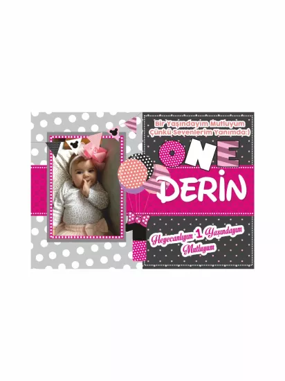 1 Yaş Kız Bebek Resimli Doğum Günü Afişi Gri Pembe Konsept Balon Temalı Modelleri ve Fiyatları | Zajabaski.com