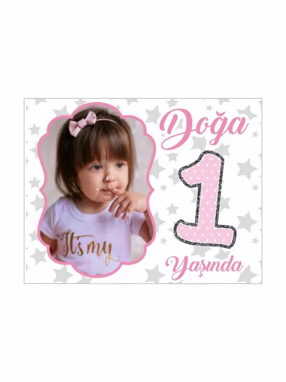 1 Yaş Kız Bebek Hediyelik Magnet Yıldızlı | Puantiyeli Foto Magnet – Zajabaskı