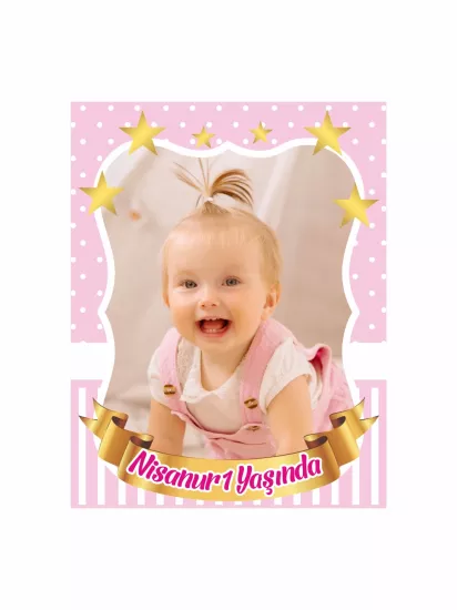 1Yaş Kız Bebek Resimli Doğum Günü Magnet Pembe Gold Konsept Modelleri ve Fiyatları | Zajabaskı