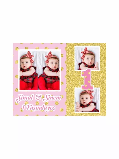 1 Yaş Kız İkiz Bebek Magneti Pembe Gold | Fotoğraflı Magnet – Zajabaskı