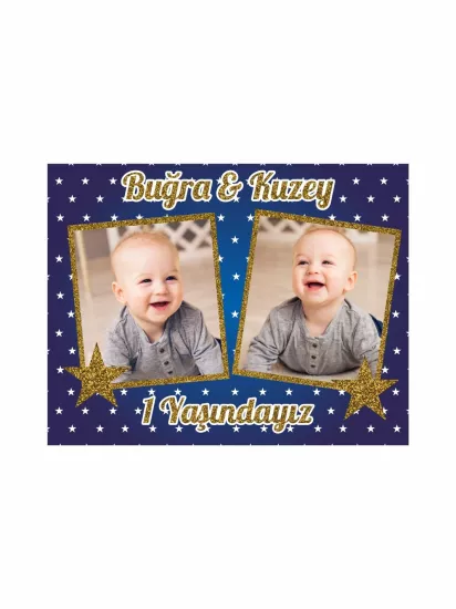 1 Yaş İkiz Bebek Magneti Lacivert Yıldızlı | Resimli Foto Magnet – Zajabaskı