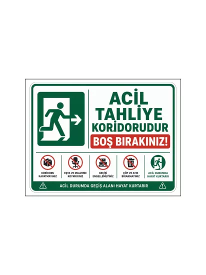 Acil Tahliye Koridorudur Boş Bırakınız Uyarı Levhası 40x30cm | Zajabaskı