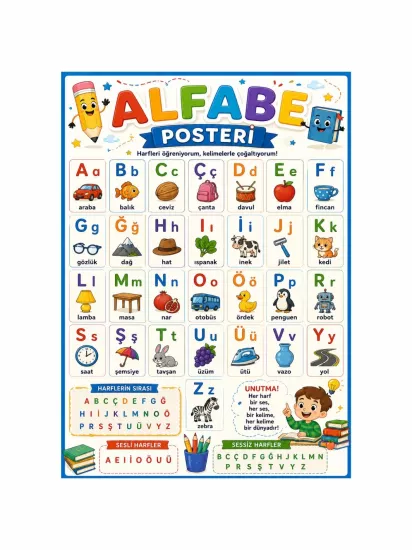 Alfabe Posteri Sınıf Okul Afişi | İlkokul Eğitici Poster | Zajabaskı