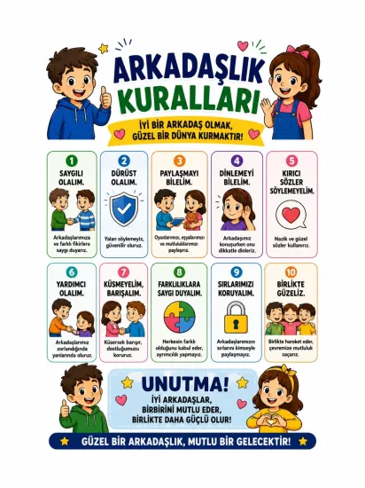 Arkadaşlık Kuralları Afişi Öğrenci Sınıf Okul Eğitici Afişi | ZajaBaskı