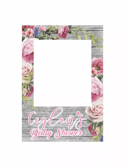 Baby Shower Ahşap Zemin Pembe Çiçekli Dikey Fotoğraf Çekim Çerçevesi 100x70 cm | Zajabaskı