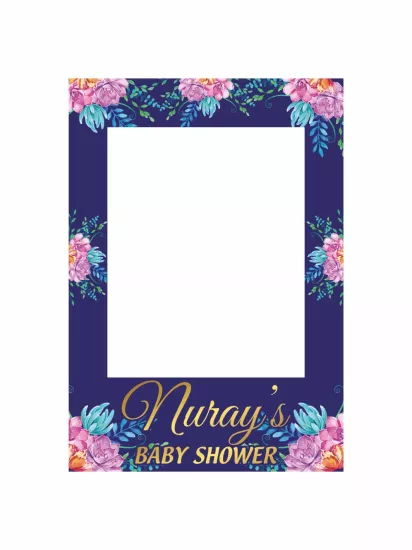 Baby Shower Lacivert Zemin Çiçekli Fotoğraf Çekim Çerçevesi 100x70 cm | Zajabaskı
