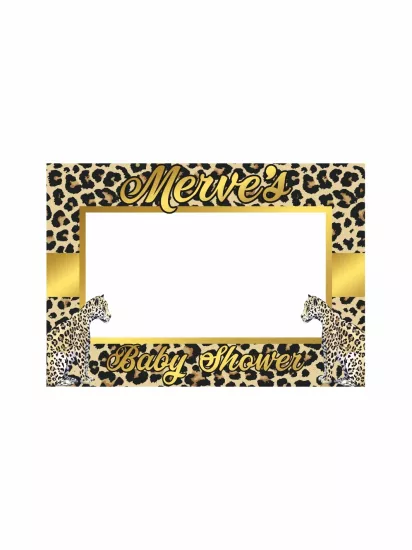 Baby Shower Leopar Desenli Altın Detaylı Yatay Fotoğraf Çekim Çerçevesi 100x70 cm | Zajabaskı