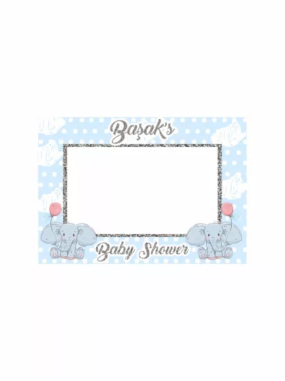 Baby Shower Mavi Puantiyeli Fil Temalı Yatay Fotoğraf Çekim Çerçevesi 100x70 cm | Zajabaskı