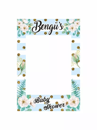 Baby Shower Mint Yeşili Çiçekli Altın Konfetili Fotoğraf Çekim Çerçevesi 100x70 cm | Zajabaskı