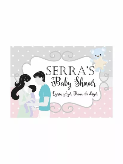 Baby Shower Parti Afişi Aile Tema Anne Baba Bebek Figürlü Yıldızlı Zemin Pastel Renkler Branda Afiş Modelleri ve Fiyatları | Zajabaskı