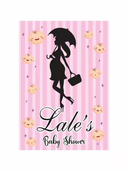 Baby Shower Parti Afişi Dikey Pembe Çizgili Hamile Anne Silüet Şemsiyeli Gülen Bebek Yüzleri Kız Tema Branda Afiş Modelleri ve Fiyatları | Zajabaskı