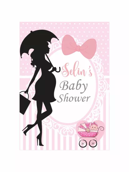 Baby Shower Parti Afişi Dikey Pembe Puantiyeli Hamile Anne Silüet Fiyonk Detay Bebek Arabası Kız Bebek Tema Branda Afiş Modelleri ve Fiyatları | Zajabaskı