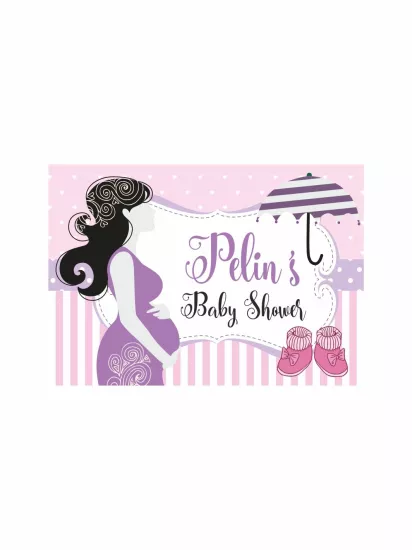 Baby Shower Parti Afişi Lila Pembe Hamile Anne Silüet Çizgili Zemin Kız Bebek Tema Branda Afiş Modelleri ve Fiyatları | Zajabaskı