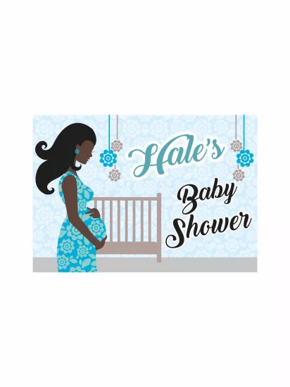 Baby Shower Parti Afişi Floral Hamile Anne Figür Bebek Beşiği Desenli Zemin Erkek Bebek Tema Branda Afiş Modelleri ve Fiyatları | Zajabaskı