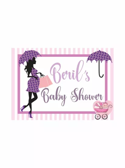 Baby Shower Parti Afişi Mor Puantiyeli Hamile Anne Silüet Bebek Arabası Çizgili Zemin Kız Tema Branda Afiş Modelleri ve Fiyatları | Zajabaskı