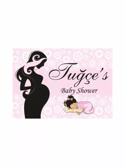 Baby Shower Parti Afişi Pembe Çiçek Desenli Hamile Anne Silüet Uyuyan Bebek Figür Kız Bebek Tema Branda Afiş Modelleri ve Fiyatları | Zajabaskı