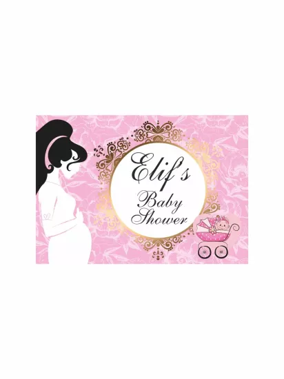 Baby Shower Parti Afişi Pembe Gold Çerçeveli Hamile Anne Silüet Dantelli Zemin Bebek Arabası Kız Tema Branda Afiş Modelleri ve Fiyatları | Zajabaskı