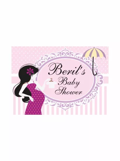 Baby Shower Parti Afişi Pembe Lila Hamile Anne Silüet Bebek Body Detaylı Çizgili Zemin Kız Tema Branda Afiş Modelleri ve Fiyatları | Zajabaskı