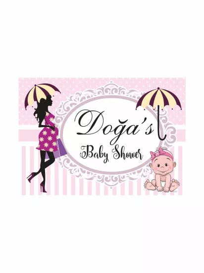 Baby Shower Parti Afişi Pembe Mor Hamile Anne Silüet Bebek Figürlü Çizgili Zemin Kız Tema Branda Afiş Modelleri ve Fiyatları | Zajabaskı