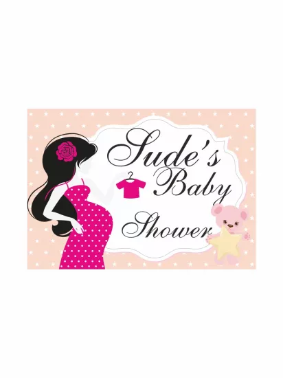 Baby Shower Parti Afişi Pembe Puantiyeli Hamile Anne Silüet Bebek Body Detay Yıldızlı Zemin Kız Tema Branda Afiş Modelleri ve Fiyatları | Zajabaskı