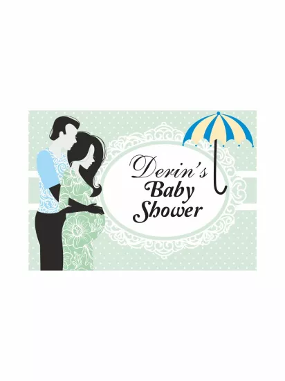 Baby Shower Parti Afişi Yeşil Mint Anne Baba Silüet Şemsiyeli Yumuşak Desen Aile Tema Branda Afiş Modelleri ve Fiyatları | Zajabaskı
