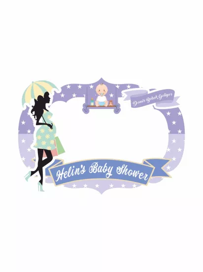 Baby Shower Partisi Hatıra Çerçevesi Mor Yıldızlı Salıncakta Bebek 100x70 – Zajabaskı
