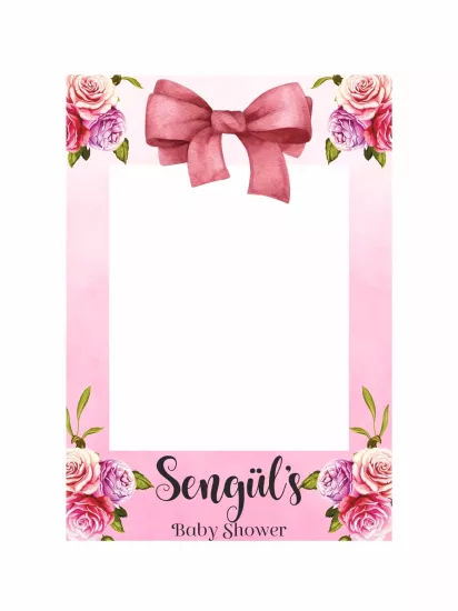 Baby Shower Pembe Fiyonk Detaylı Çiçekli Dikey Fotoğraf Çekim Çerçevesi 100x70 cm | Zajabaskı