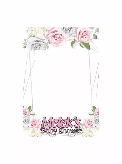 Baby Shower Pembe Gri Çiçekli Dikey Fotoğraf Çekim Çerçevesi 100x70 cm | Zajabaskı