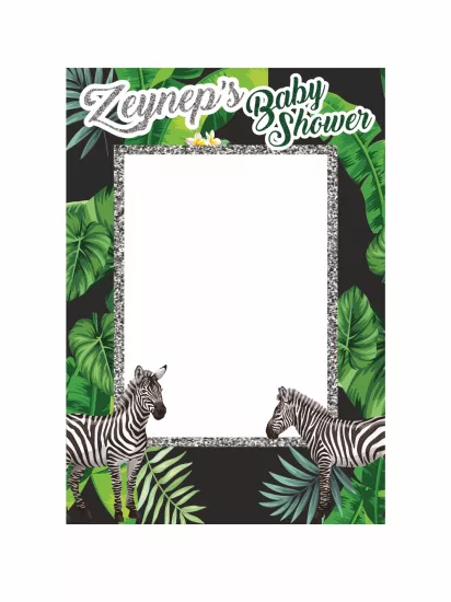 Baby Shower Siyah Zemin Safari Temalı Zebralı Dikey Fotoğraf Çekim Çerçevesi 100x70 cm | Zajabaskı