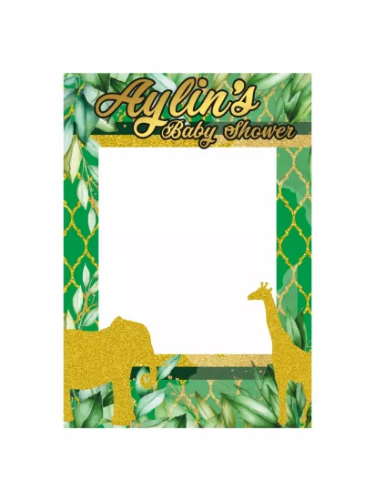 Baby Shower Yeşil Safari Temalı Altın Zürafalı Fil Fotoğraf Çekim Çerçevesi 100x70 cm | Zajabaskı
