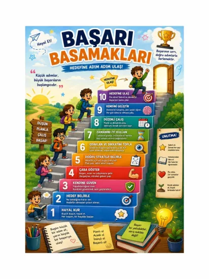 Başarı Basamakları Sınıf Öğrenci Okul Afişi | Motivasyon Posteri | ZajaBaskı