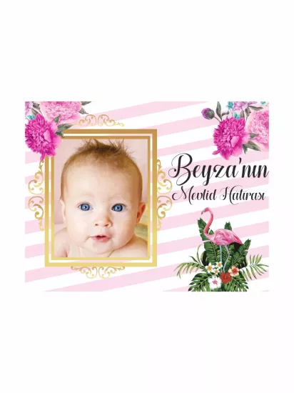 Zajabaskı Bebek Mevlid Magnet Pembe Çizgili Gold Çerçeveli Flamingolu Kız Bebek Modelleri ve Fiyatları