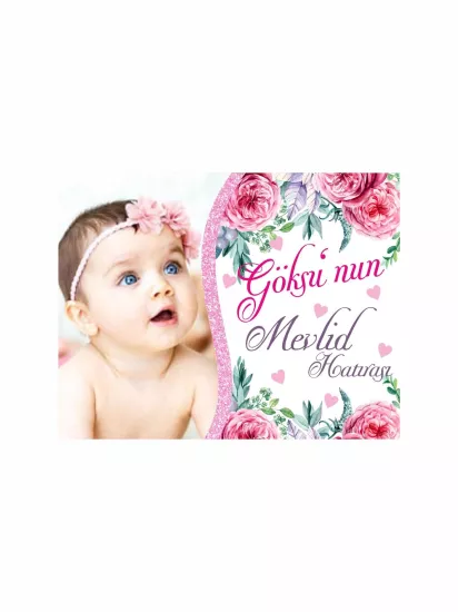 Zajabaskı Bebek Mevlid Magnet Pembe Gül Çiçekli Simli Dikey Tasarım Kız Bebek Modelleri ve Fiyatları