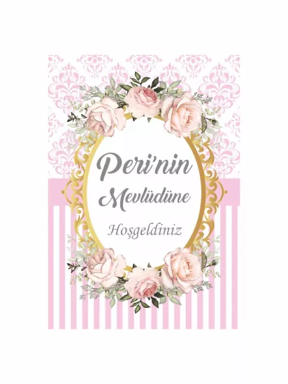 Pembe Zemin Gold Çerçeveli Soft Çiçekli Bebek Mevlit Afişi | Zajabaskı