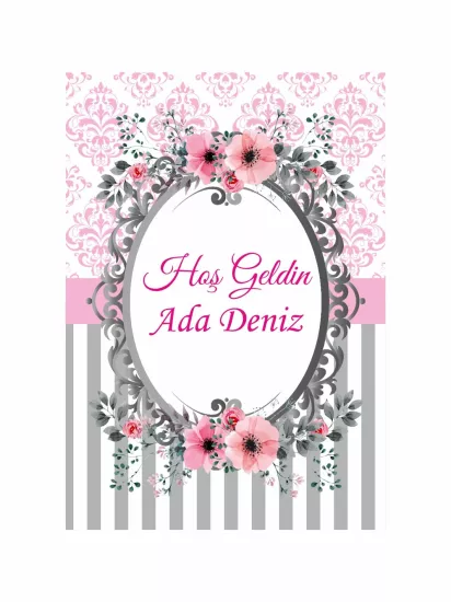 Pembe Gri Çiçek Çerçeveli Bebek Mevlüt Afişi | Zajabaskı