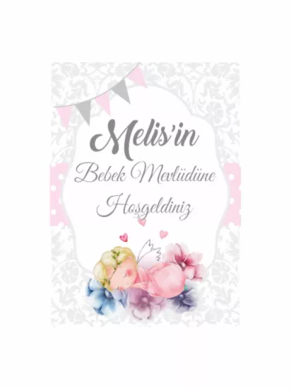 Bebek Mevlüt Panosu Gri Damask Desenli Bayraklı Uyuyan Melek Temalı Kız Bebek Konsept Modelleri ve Fiyatları | Zajabaskı