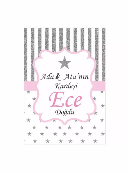 Bebek Mevlüt Panosu Pembe Çerçeveli Gümüş Simli Çizgili Yıldızlı Kız Bebek Konsept Modelleri ve Fiyatları | Zajabaskı