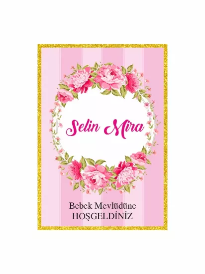 Bebek Mevlüt Panosu Pembe Çiçek Çelenkli Gold Çerçeveli Kız Bebek Konsept Modelleri ve Fiyatları | Zajabaskı