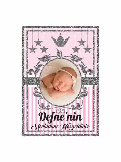 Bebek Mevlüt Panosu Pembe Çizgili Fotoğraf Çerçeveli Taç Yıldız Temalı Kız Bebek Konsept Modelleri ve Fiyatları | Zajabaskı