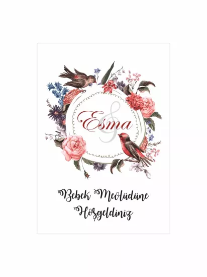 Bebek Mevlüt Panosu Vintage Çiçekli Kuşlu Çelenk Temalı Modelleri ve Fiyatları | Zajabaskı
