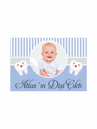 Zaja Baskı Bebek Resimli Diş Parti Afişi Bebe Mavisi Sevimli Dişler Konsept