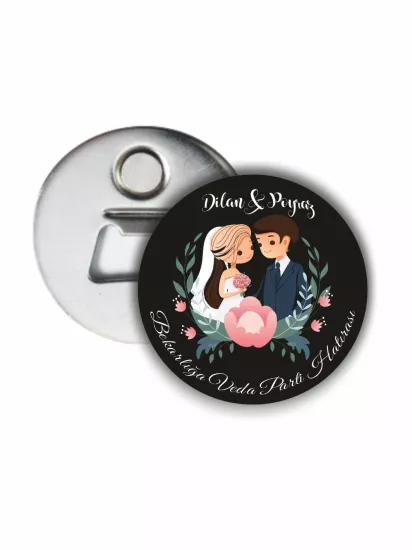 Çizim Gelin Damat Çiçek Çerçeveli Açacak Magnet | Zaja Baskı