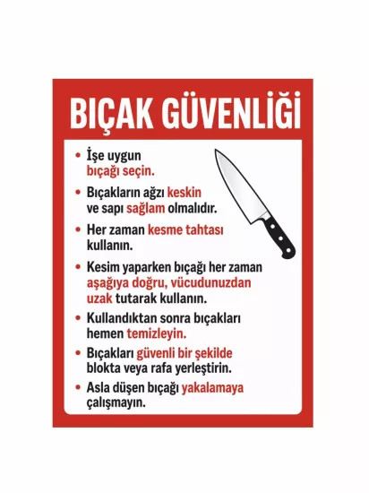 Bıçak Güvenliği Uyarı Levhası 50x35cm | İş Güvenliği ve Hijyen Levhası | Zajabaskı