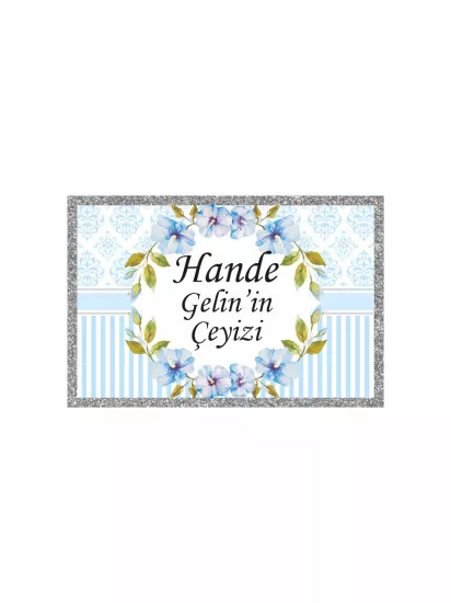 Çeyiz Kolisi Etiketi Mavi Damask Desenli Çiçekli Simli Çerçeveli Gelin Konsepti A4 Modelleri ve Fiyatları | Zajabaskı.com