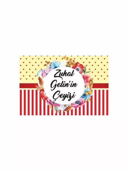 Çeyiz Kolisi Etiketi Sarı Kalp Desenli Kırmızı Çizgili Çiçek Çelenkli Gelin Konsepti A4 Modelleri ve Fiyatları | Zajabaskı.com
