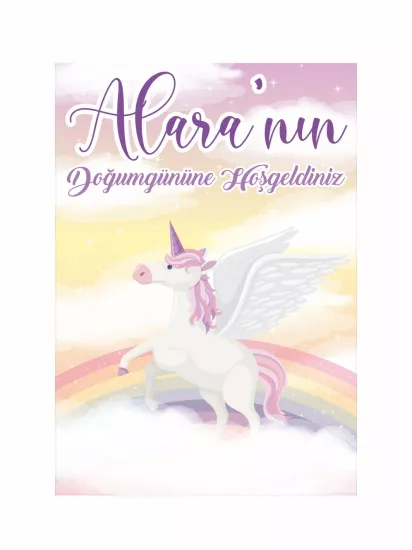 Doğum Günü Ayaklı Karşılama Panosu Bulut Üzerinde Kanatlı Unicorn Gökkuşağı Temalı Kız Bebek Parti Konsept Modelleri ve Fiyatları | Zajabaskı